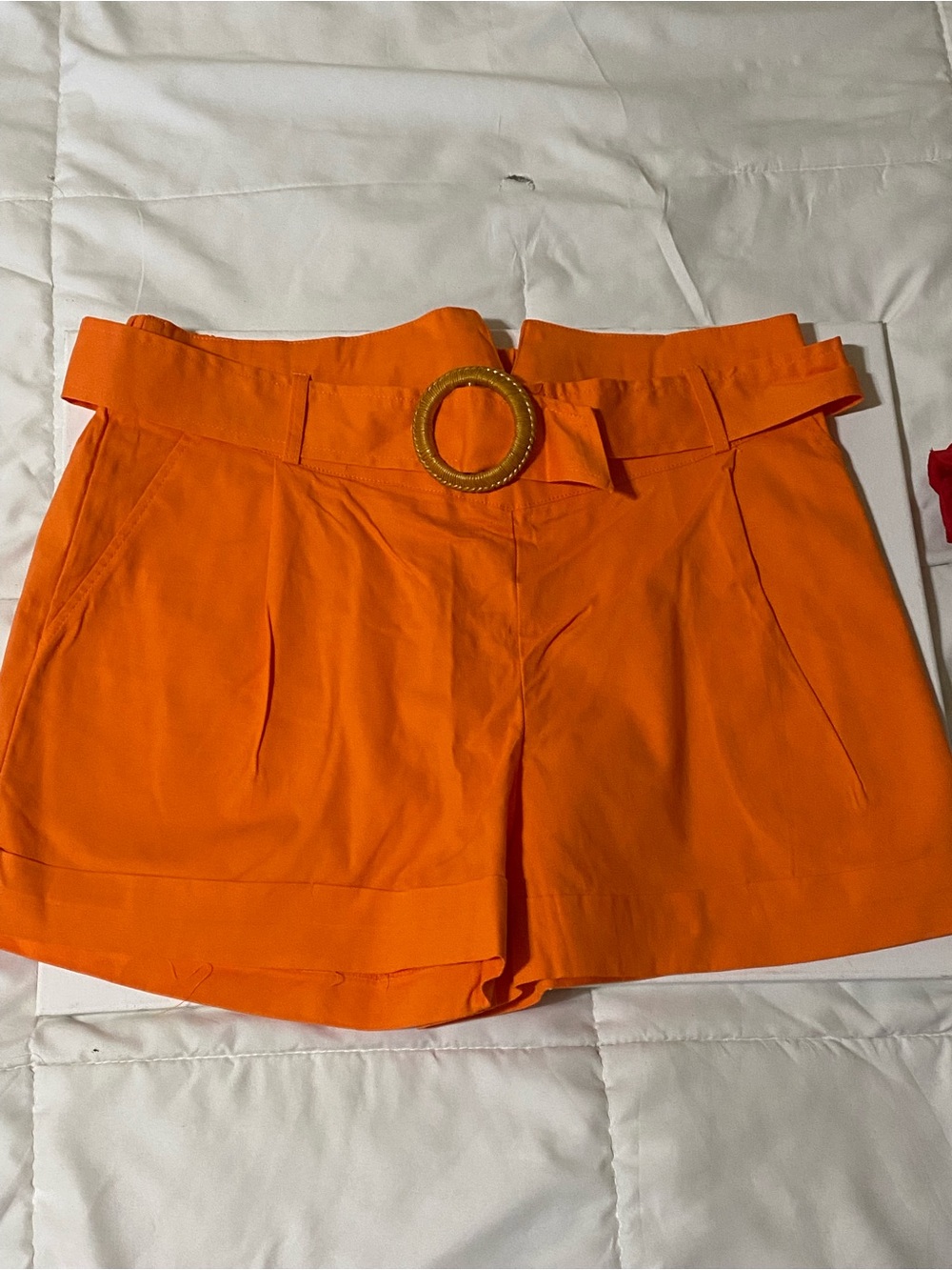 like an angel Bright Orange High-Waist Shorts with Round Buckle